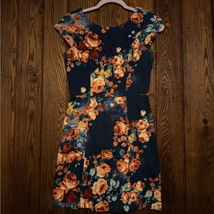 Floral Navy and Orange Cap-Sleeve Dress